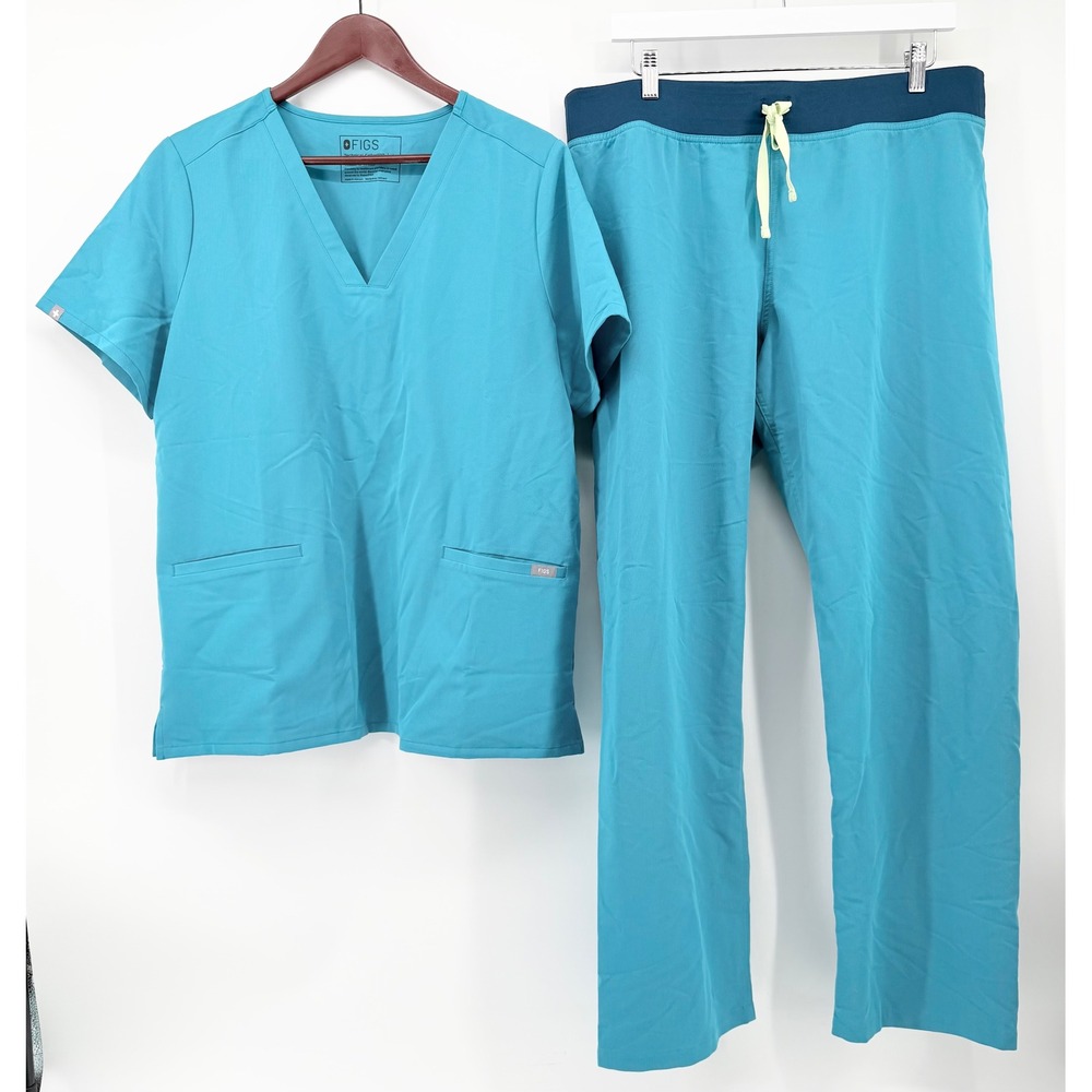 FIGS Large Technical Collection Womens Scrub Set Teal Casma Top Livingston Pants